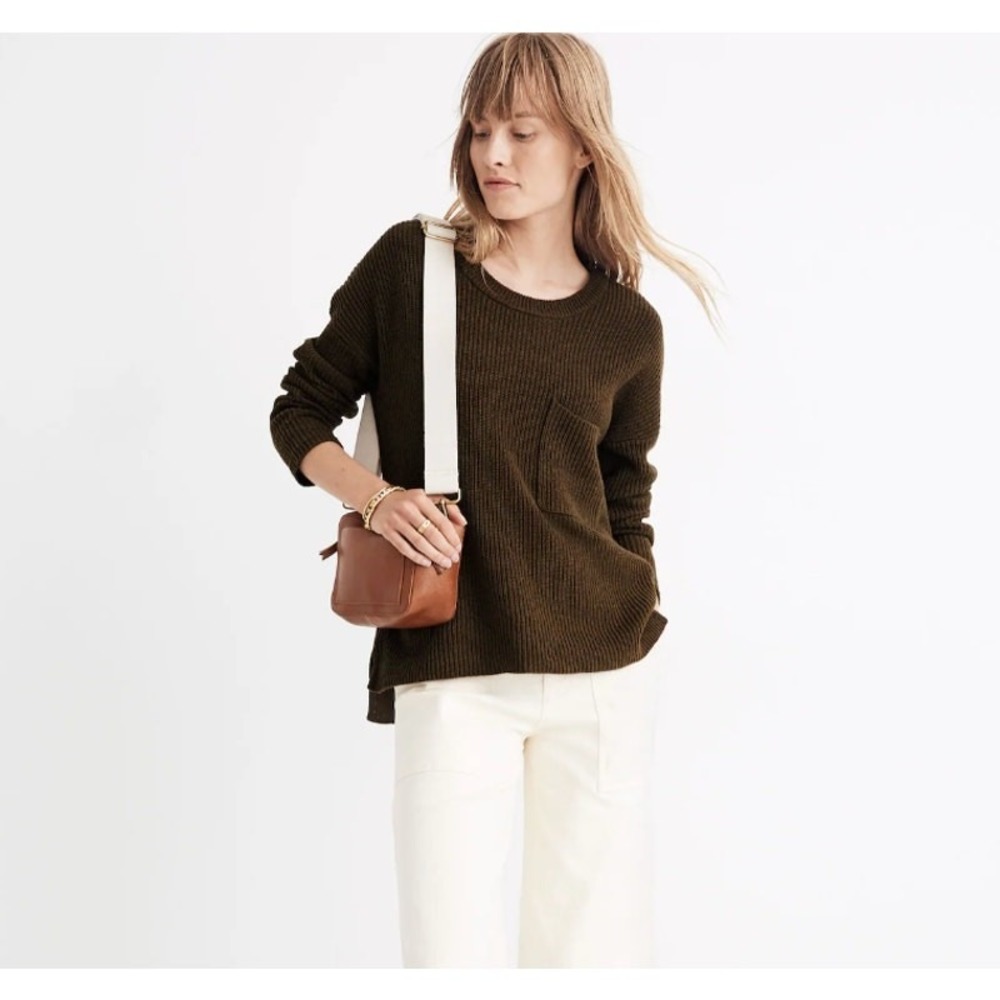 Madewell‎ Sweater Womens XS Green Thompson Ribbed Knit Pocket Pullover AA782